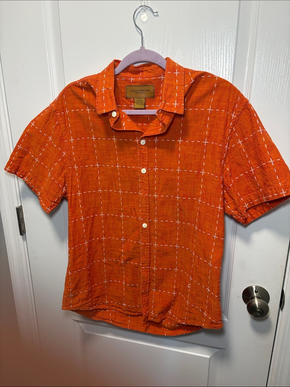 Clearwater Orange Short Sleeve Grid-Pattern Button Down Shirt